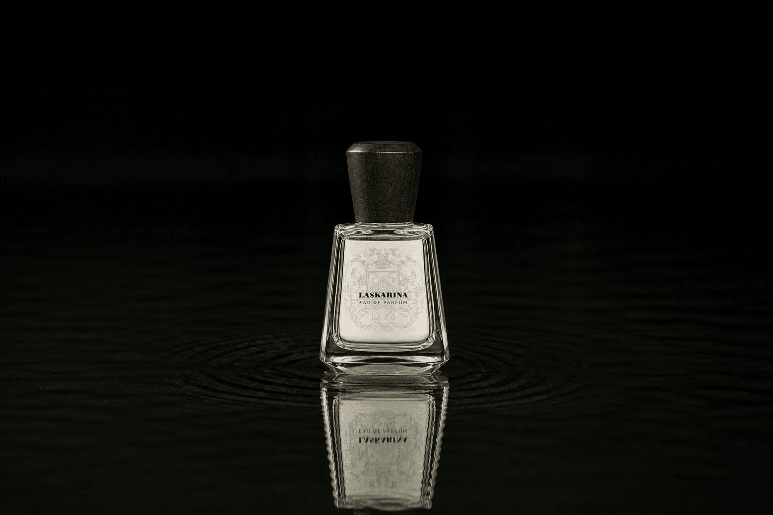 Frapin Laskarina fragrance bottle floating above dark water