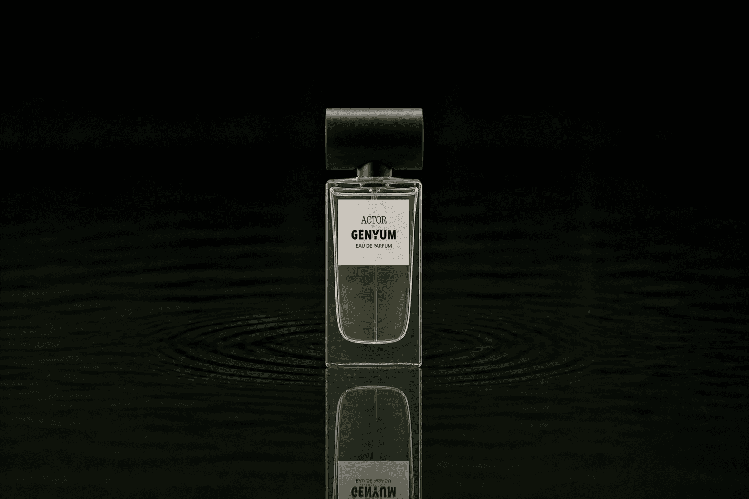 Genyum Actor fragrance bottle floating above dark water
