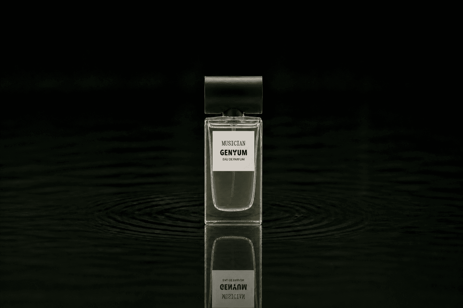 Genyum Musician fragrance bottle floating above dark water