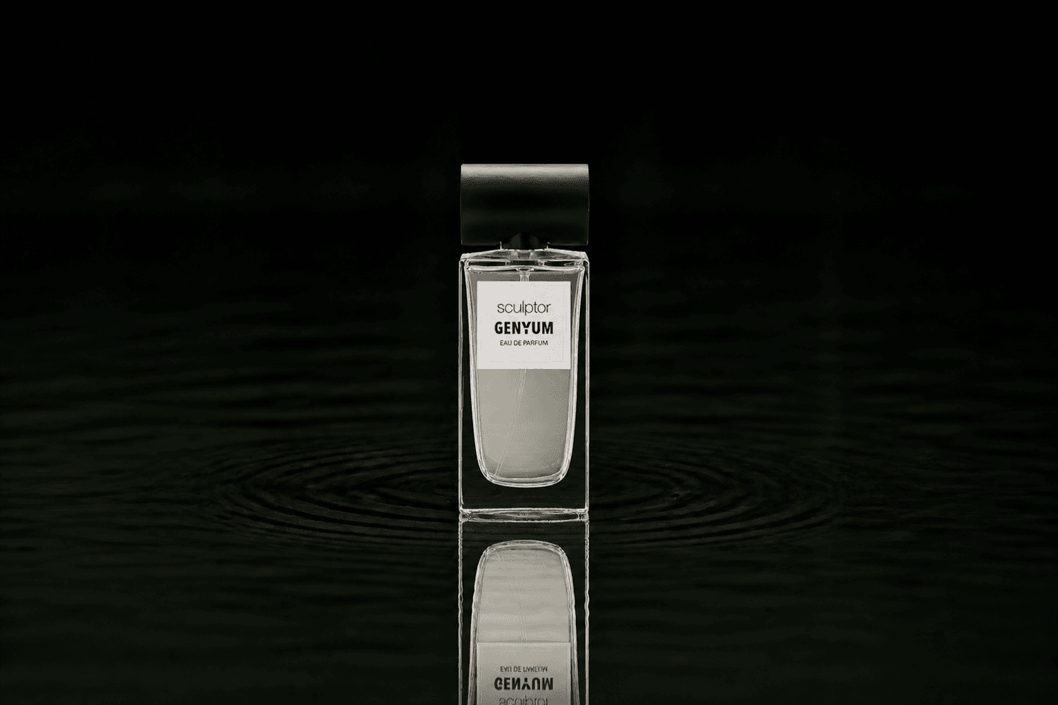 Genyum Sculptor fragrance bottle floating above dark water