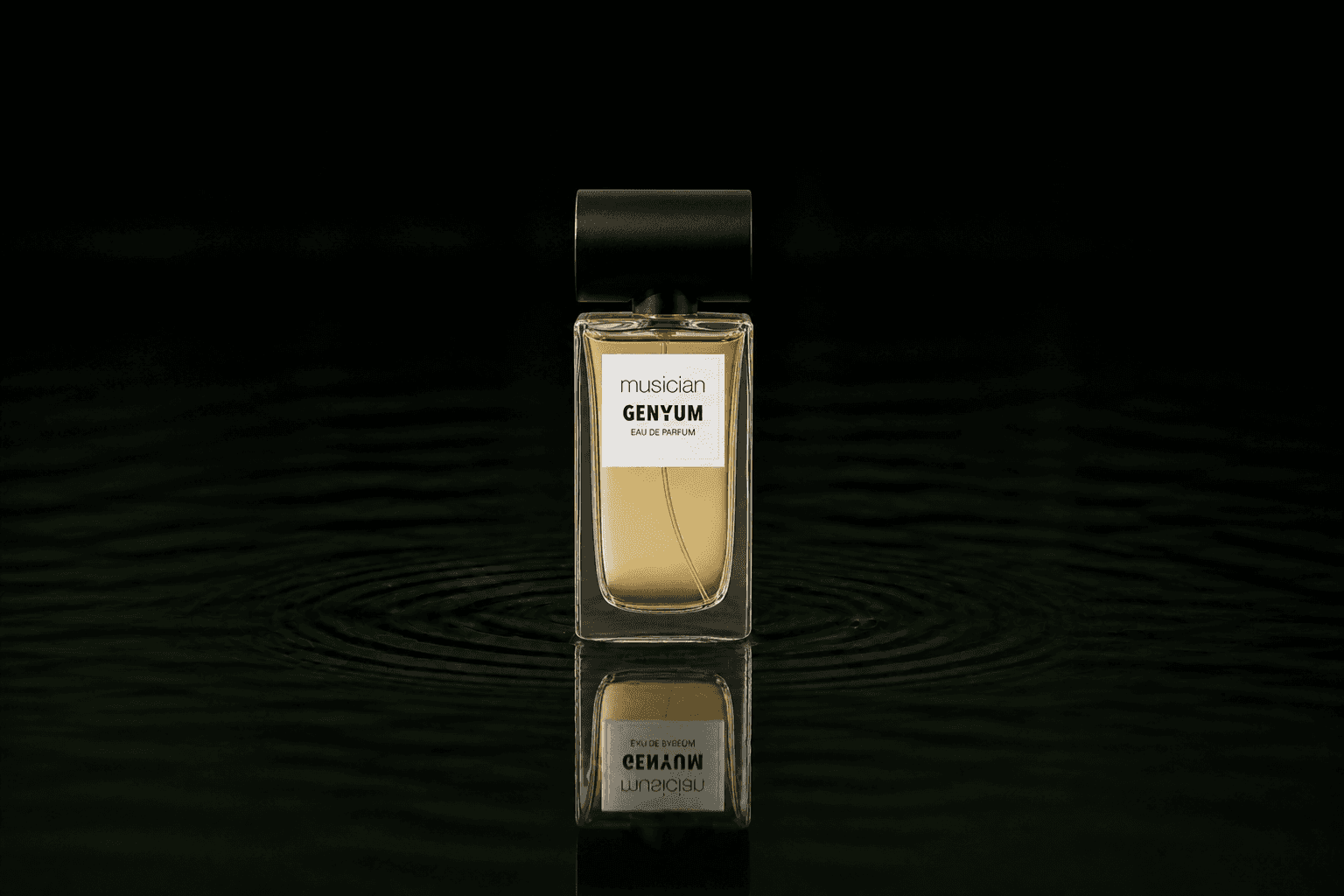 Genyum Singer fragrance bottle floating above dark water