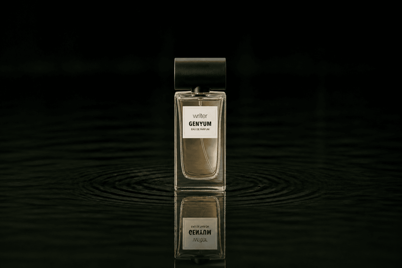 Genyum Writer fragrance bottle floating above dark water