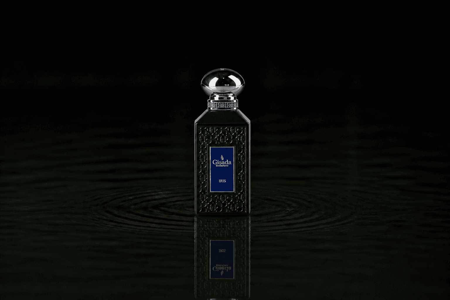 Gisada Luxury Collection Iris fragrance bottle floating above dark water