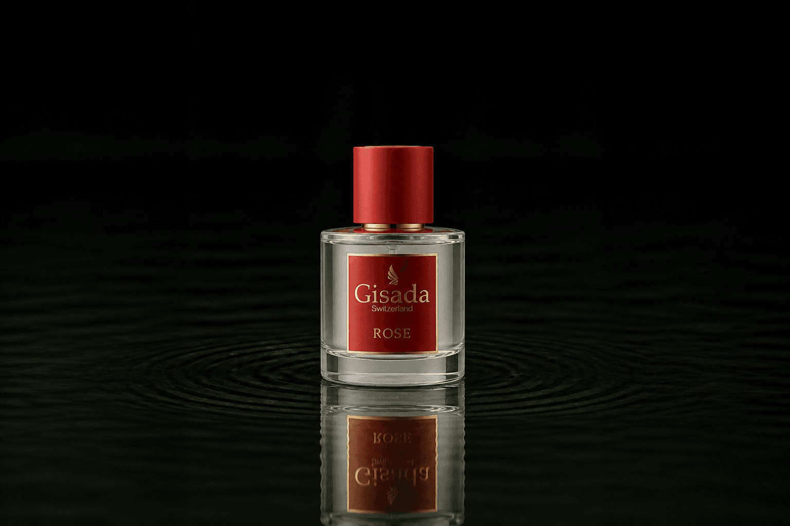 Gisada Luxury Collection Rose Parfum fragrance bottle floating above dark water