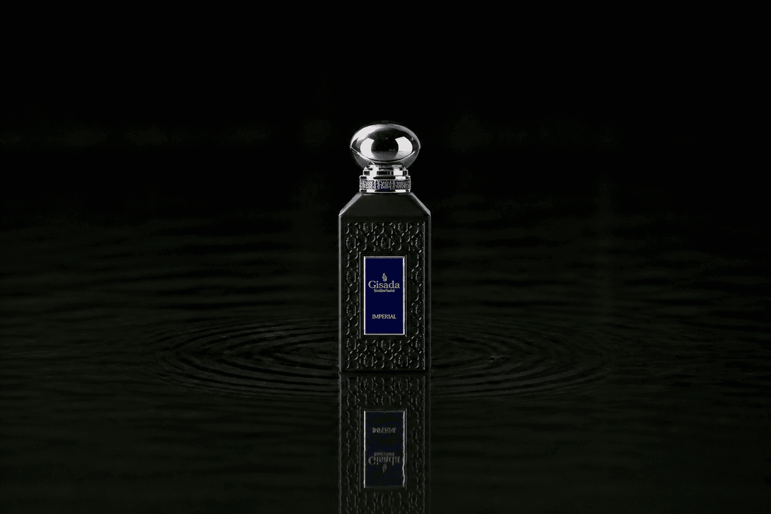 Gisada Titanium fragrance bottle floating above dark water