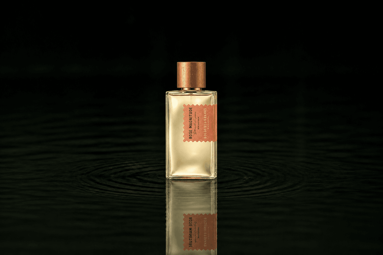 Goldfield & Banks Goldfield and Banks - Rose Magnitude fragrance bottle floating above dark water