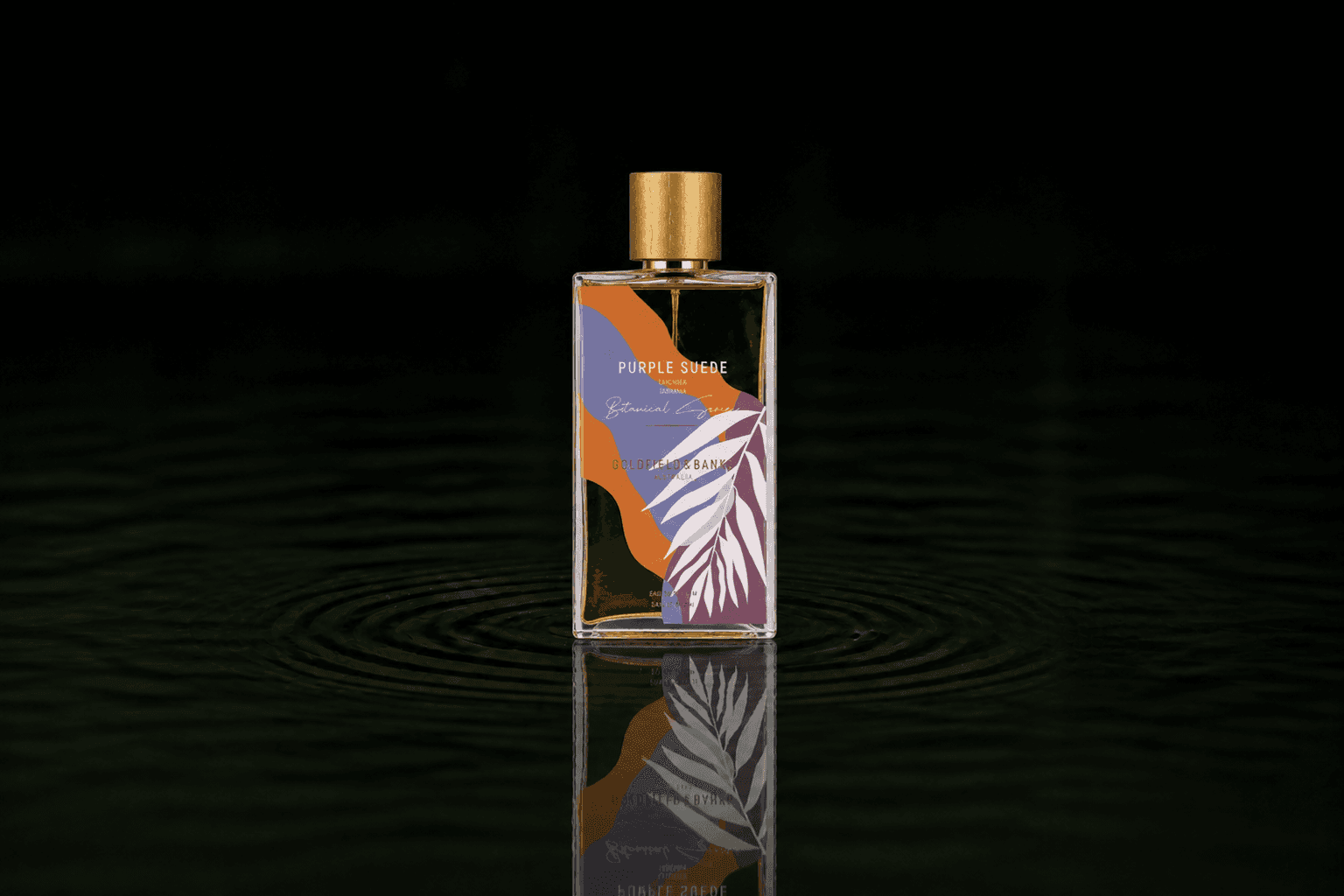 Goldfield & Banks Purple Suede fragrance bottle floating above dark water