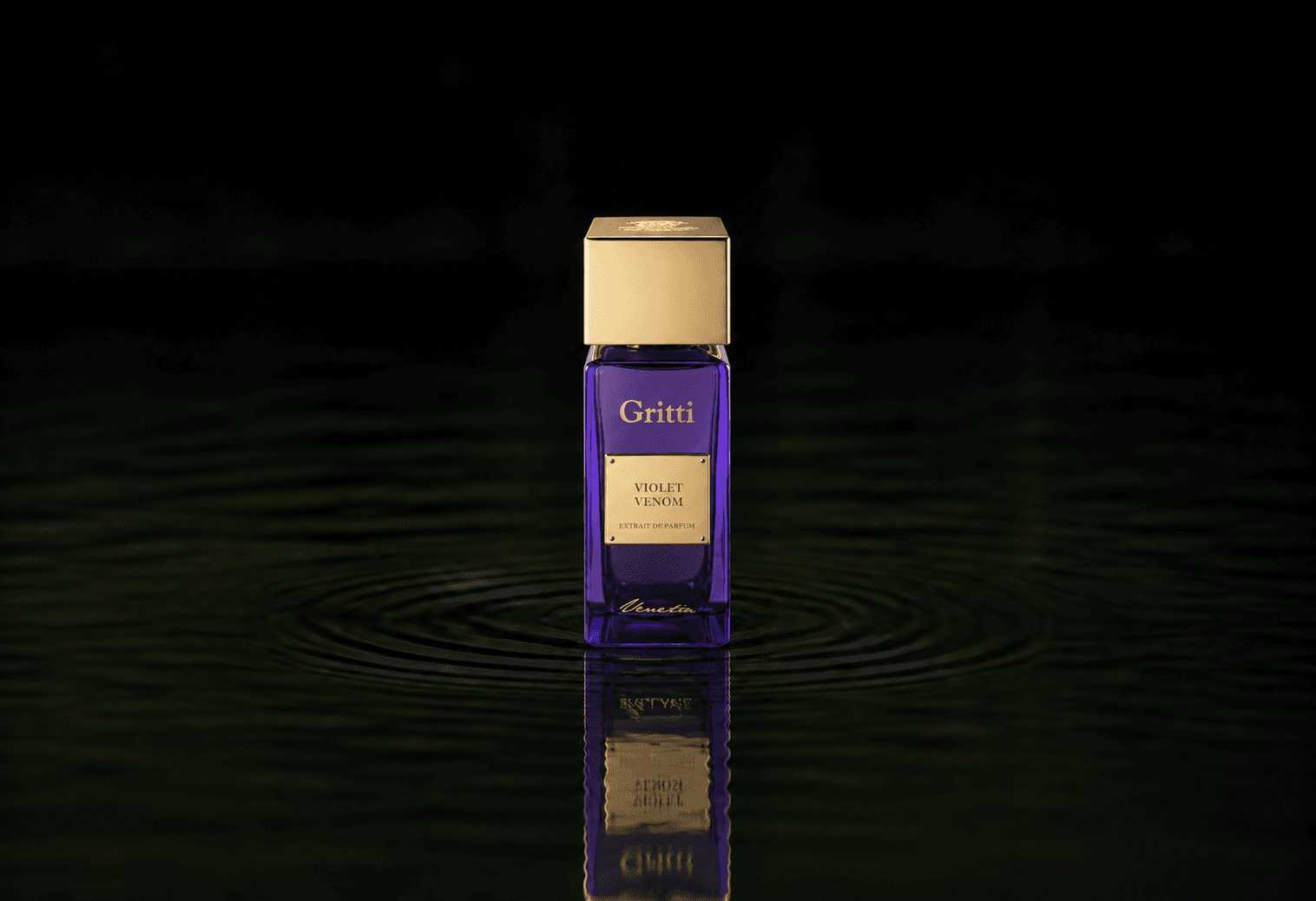 Gritti Violet Venom fragrance bottle floating above dark water