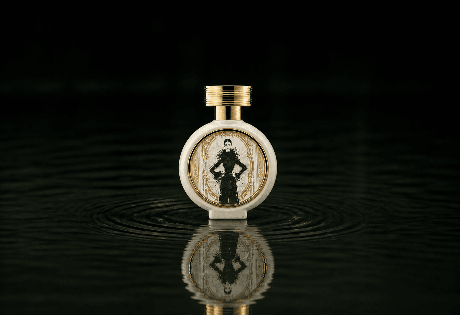 Haute Fragrance Company HFC Beautiful And Wild fragrance bottle floating above dark water