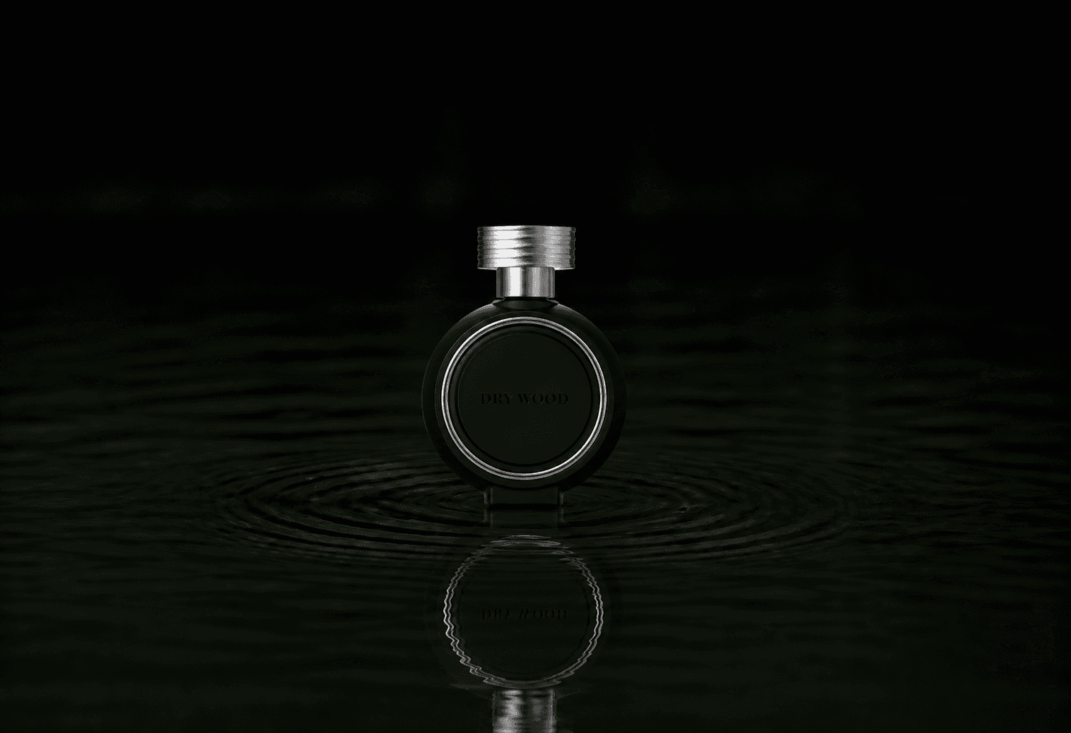 Haute Fragrance Company HFC Dry Wood fragrance bottle floating above dark water