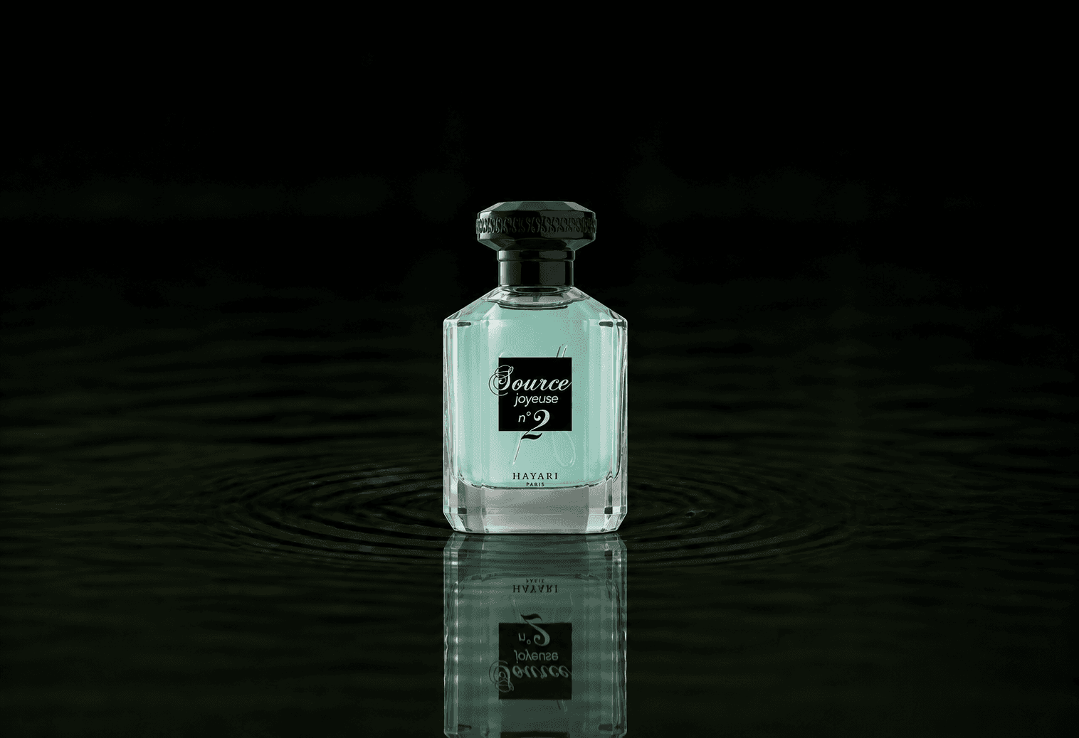 Hayari Source Joyeuse N2 fragrance bottle floating above dark water