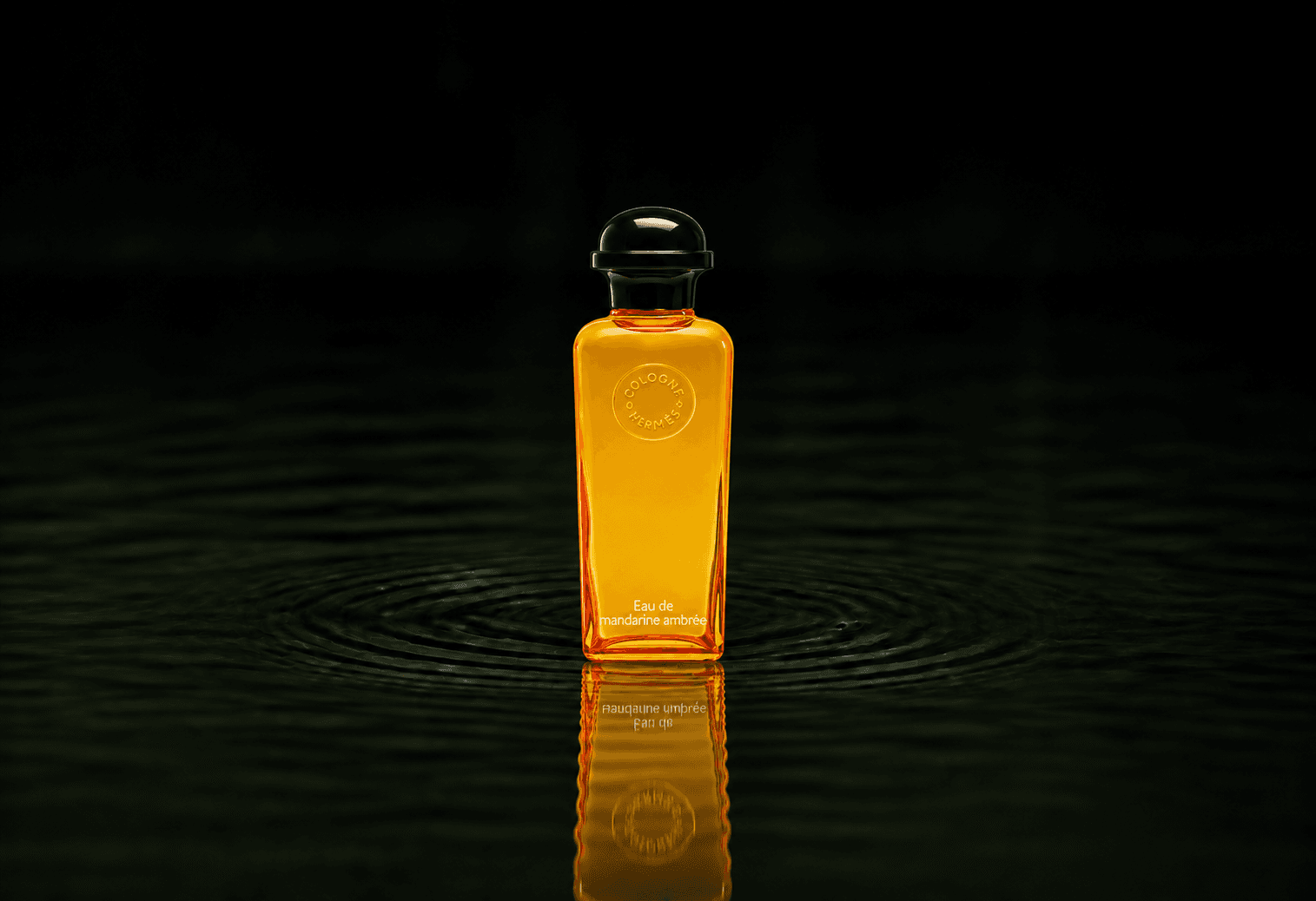 Hermes Eau De Mandarine Ambree fragrance bottle floating above dark water