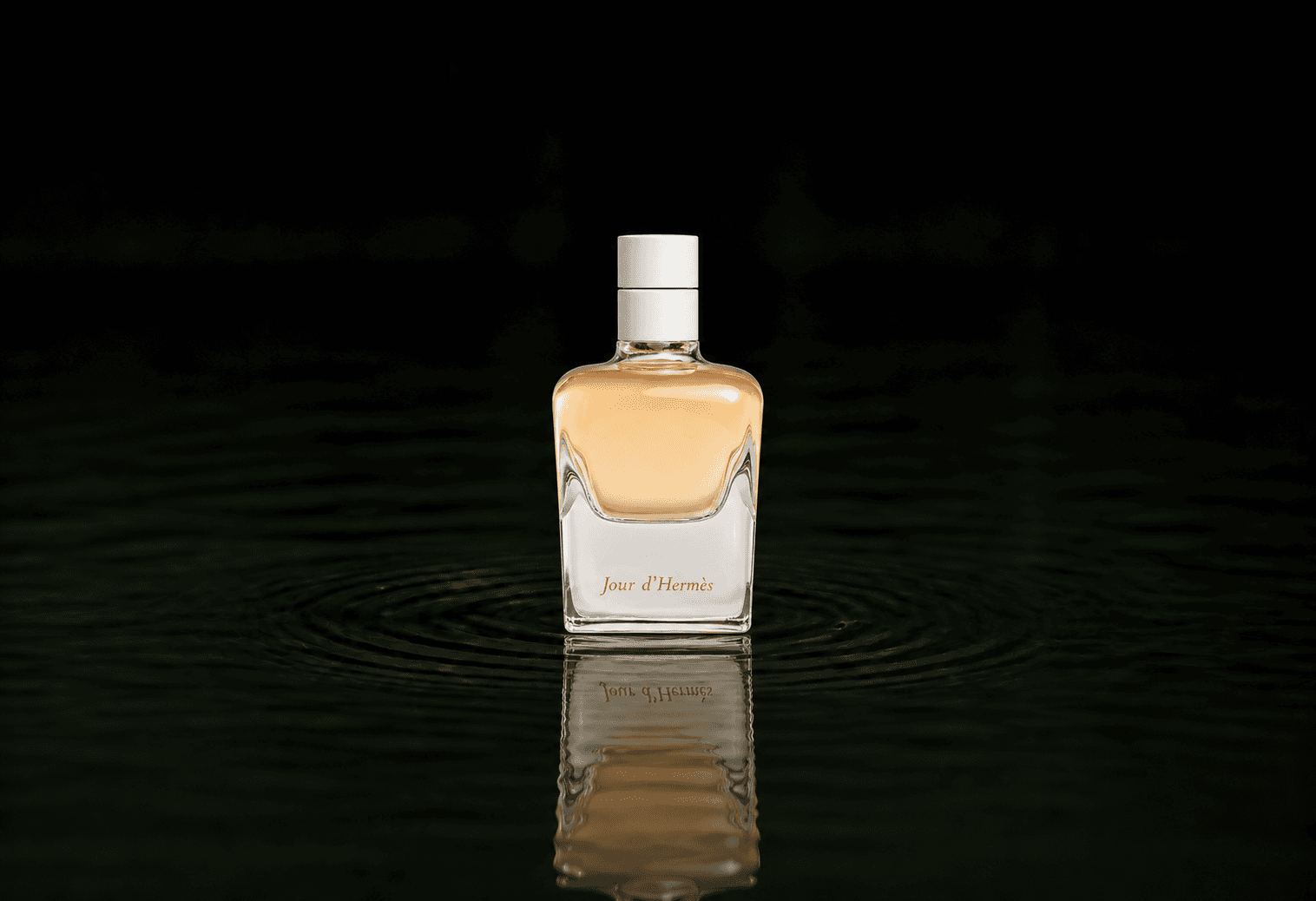 Hermes Jour D'Hermes fragrance bottle floating above dark water