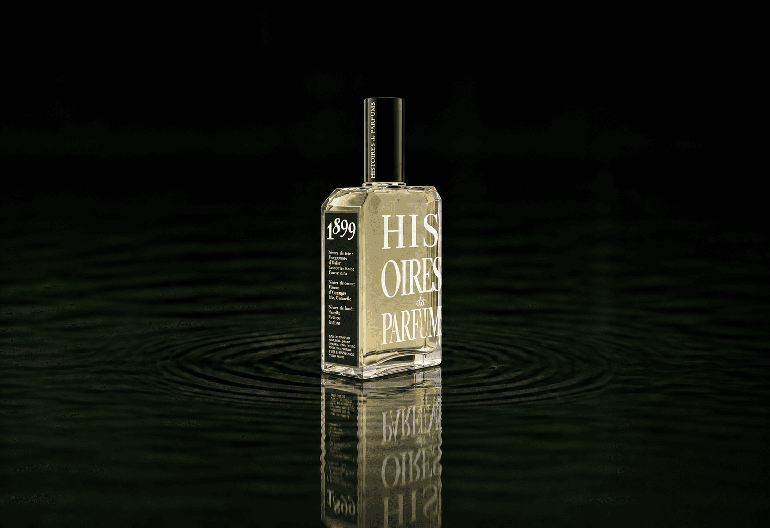 Histoires de Parfums 1899 fragrance bottle floating above dark water