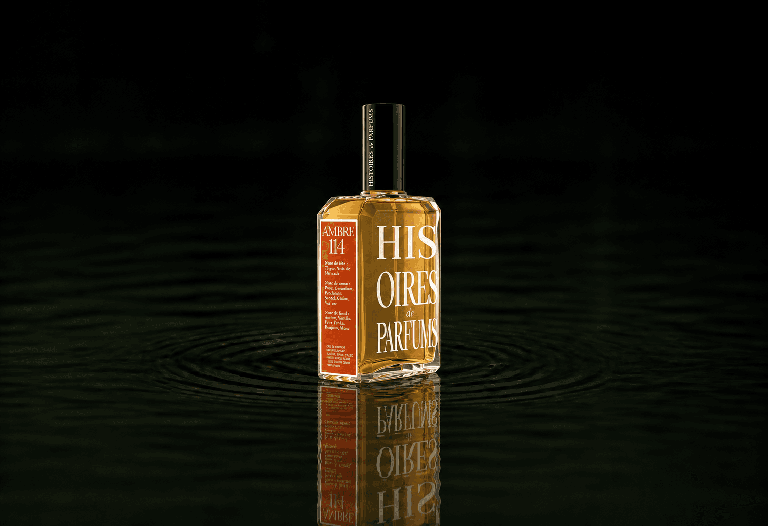 Histoires de Parfums Klassik Kollektion - Ambre 114 fragrance bottle floating above dark water