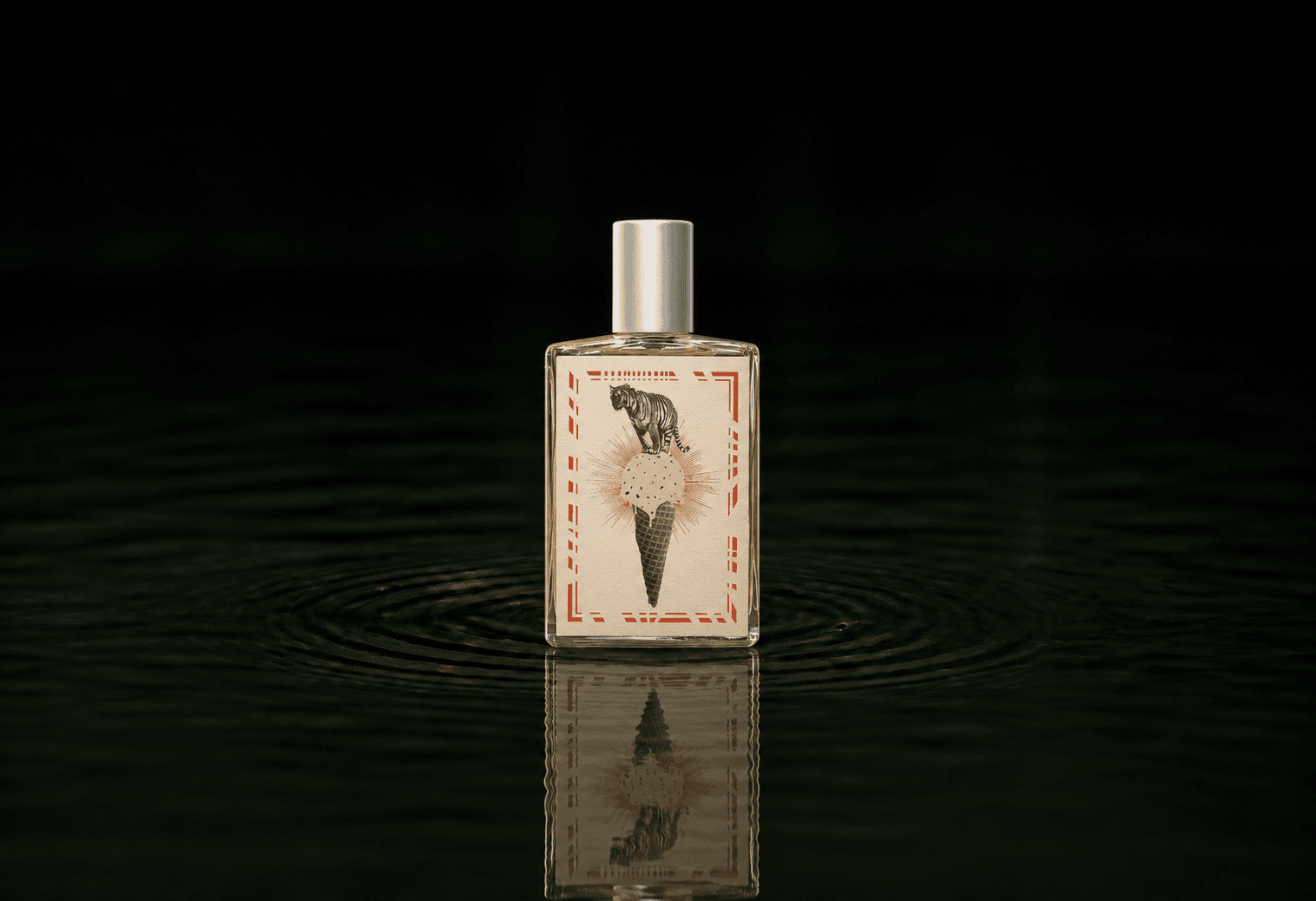 Imaginary Authors A Whiff Of Waffle Cone fragrance bottle floating above dark water