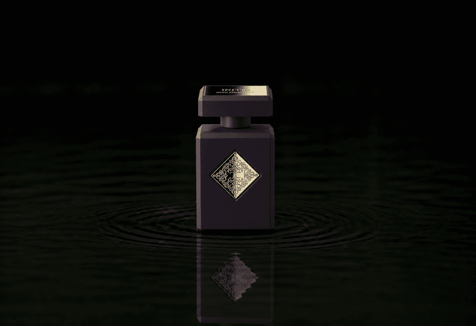 Initio High Frequency fragrance bottle floating above dark water