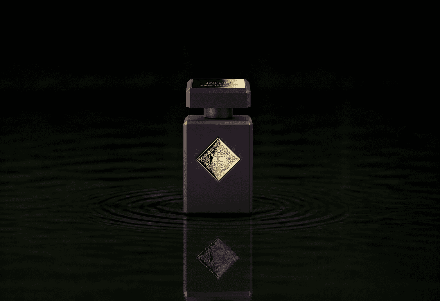 Initio Narcotic Delight fragrance bottle floating above dark water