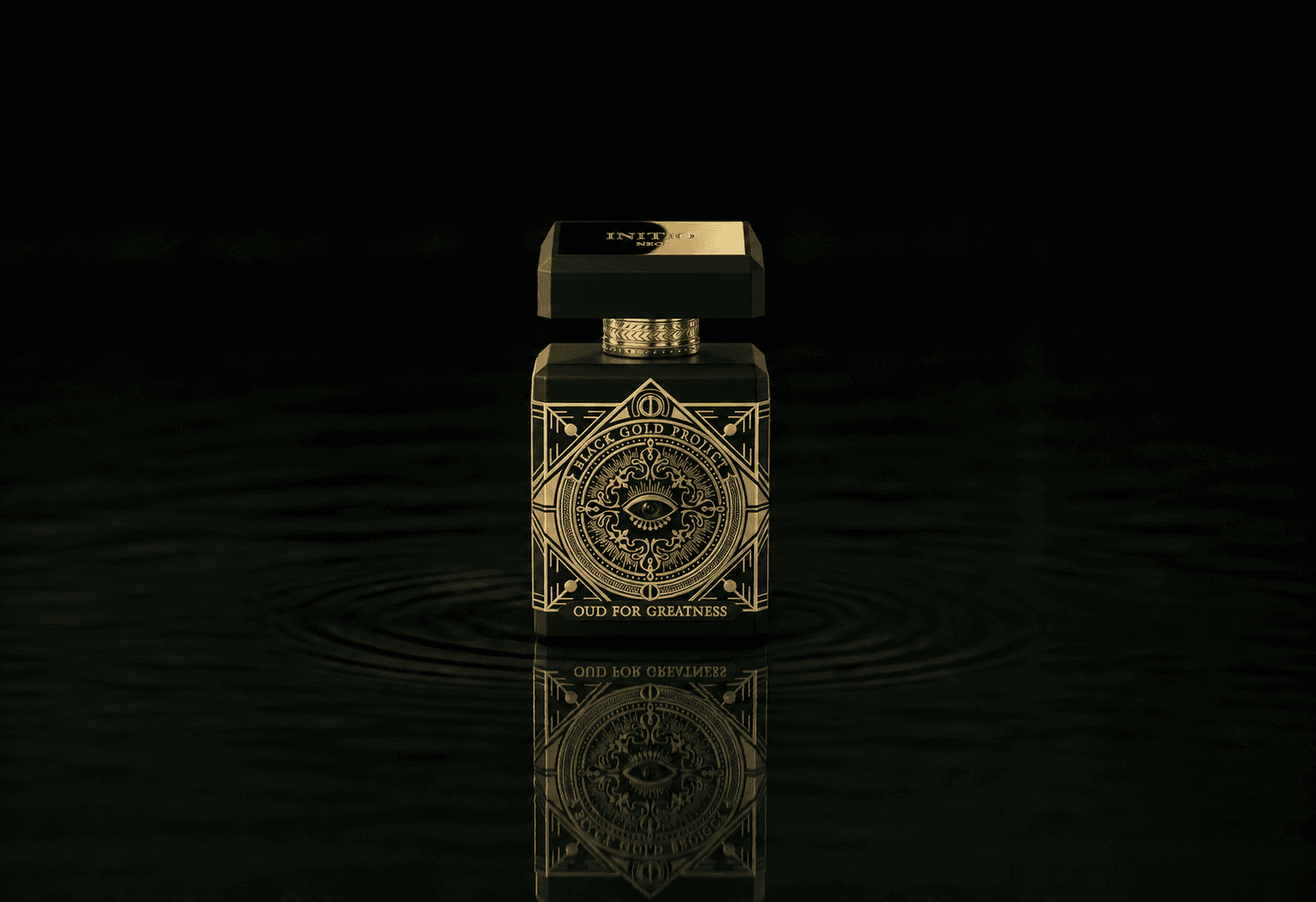 Initio Parfums - Oud For Greatness Neo fragrance bottle floating above dark water