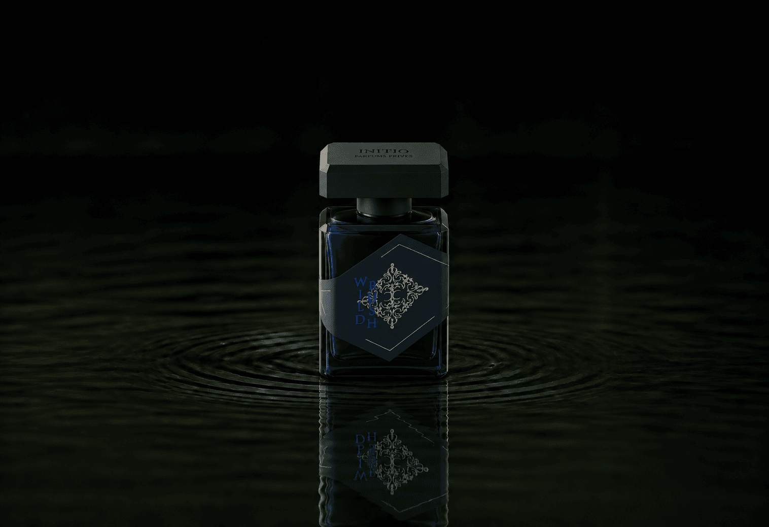 Initio Wild Rush fragrance bottle floating above dark water