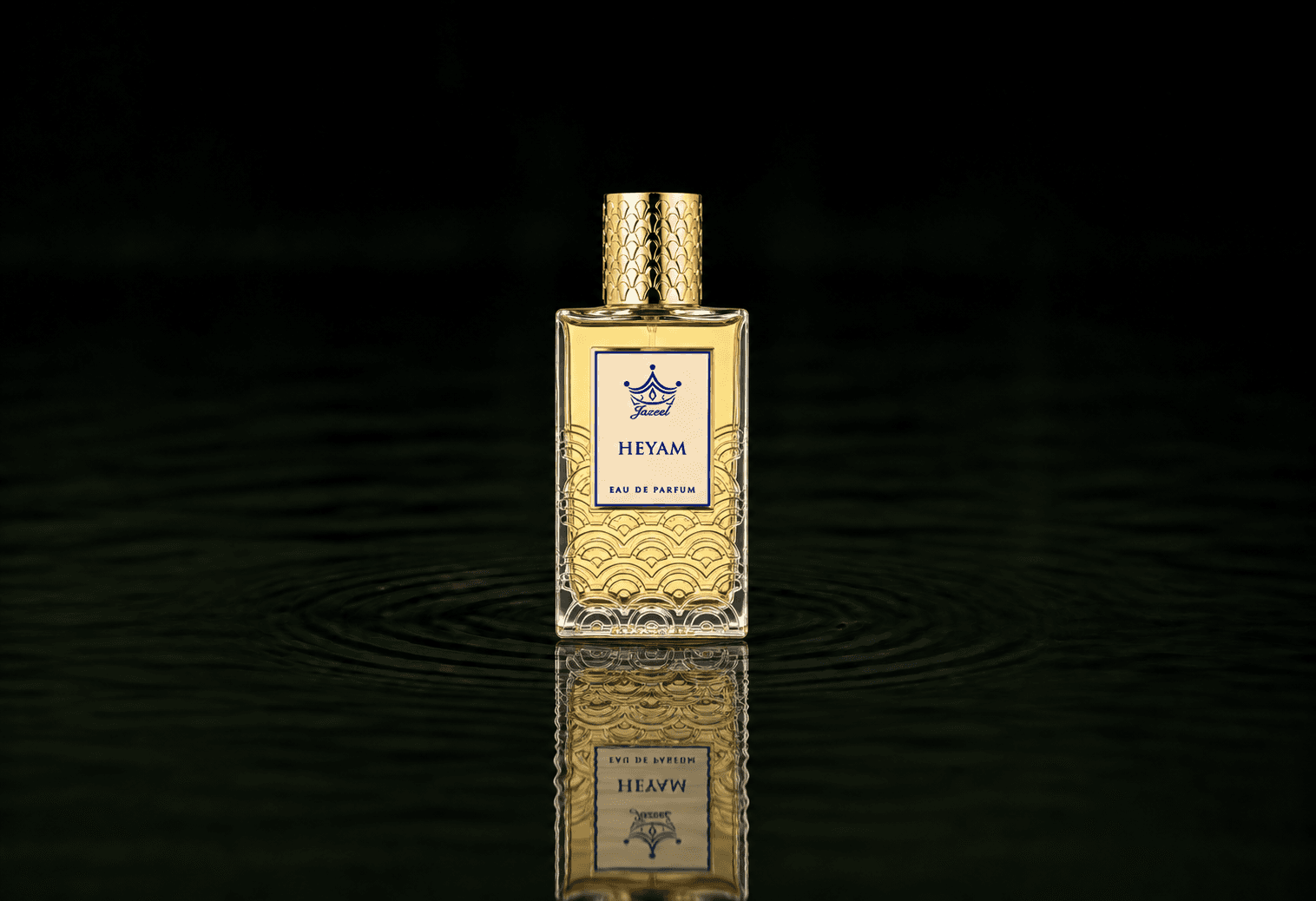 Jazeel Heyam fragrance bottle floating above dark water