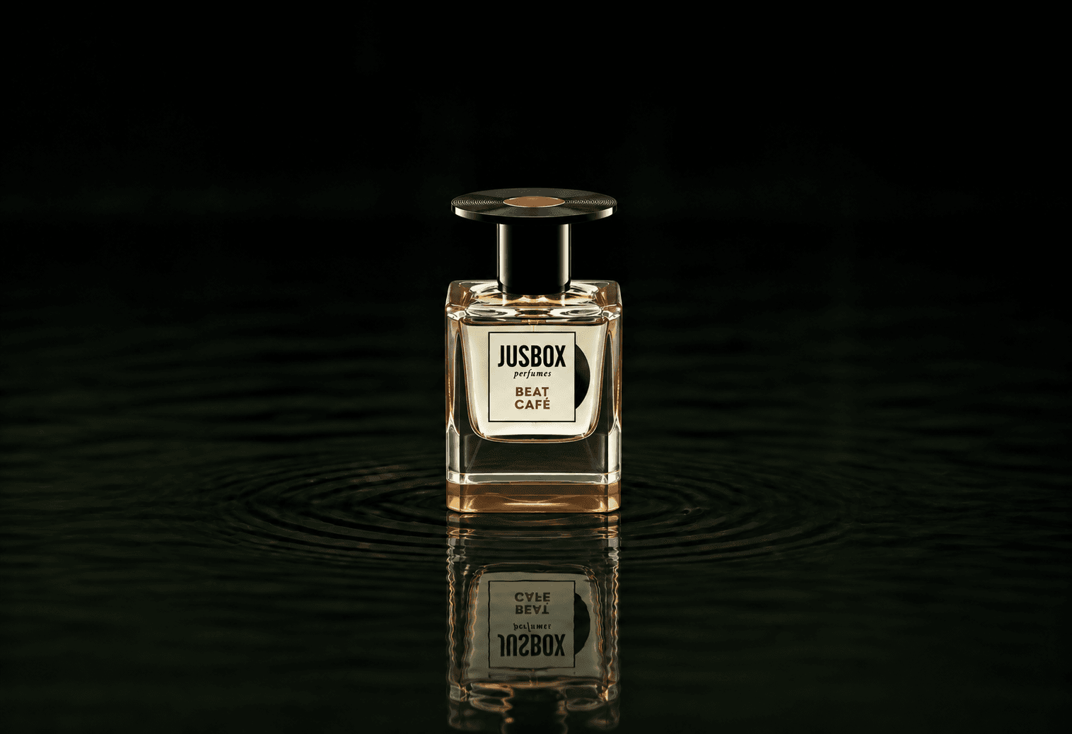 Jusbox Perfumes Icon Collection - Beat Café fragrance bottle floating above dark water