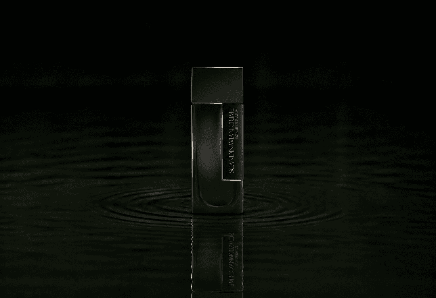 Laurent Mazzone Parfums Scandinavian Crime fragrance bottle floating above dark water
