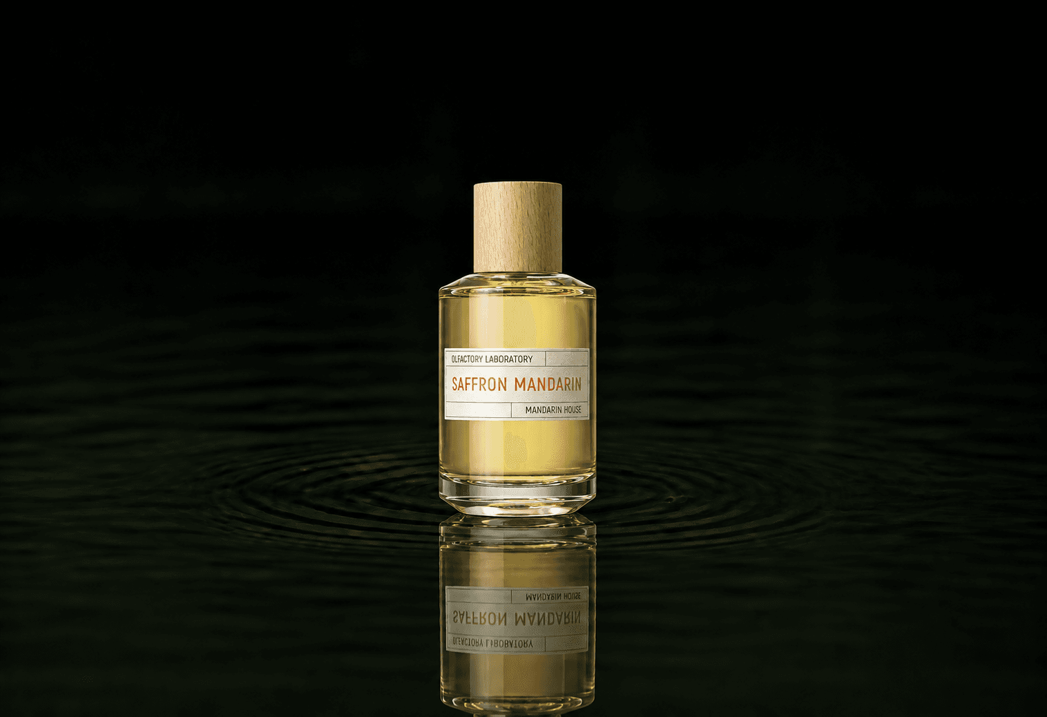 Liquides Imaginaires Saffron Mandarin fragrance bottle floating above dark water