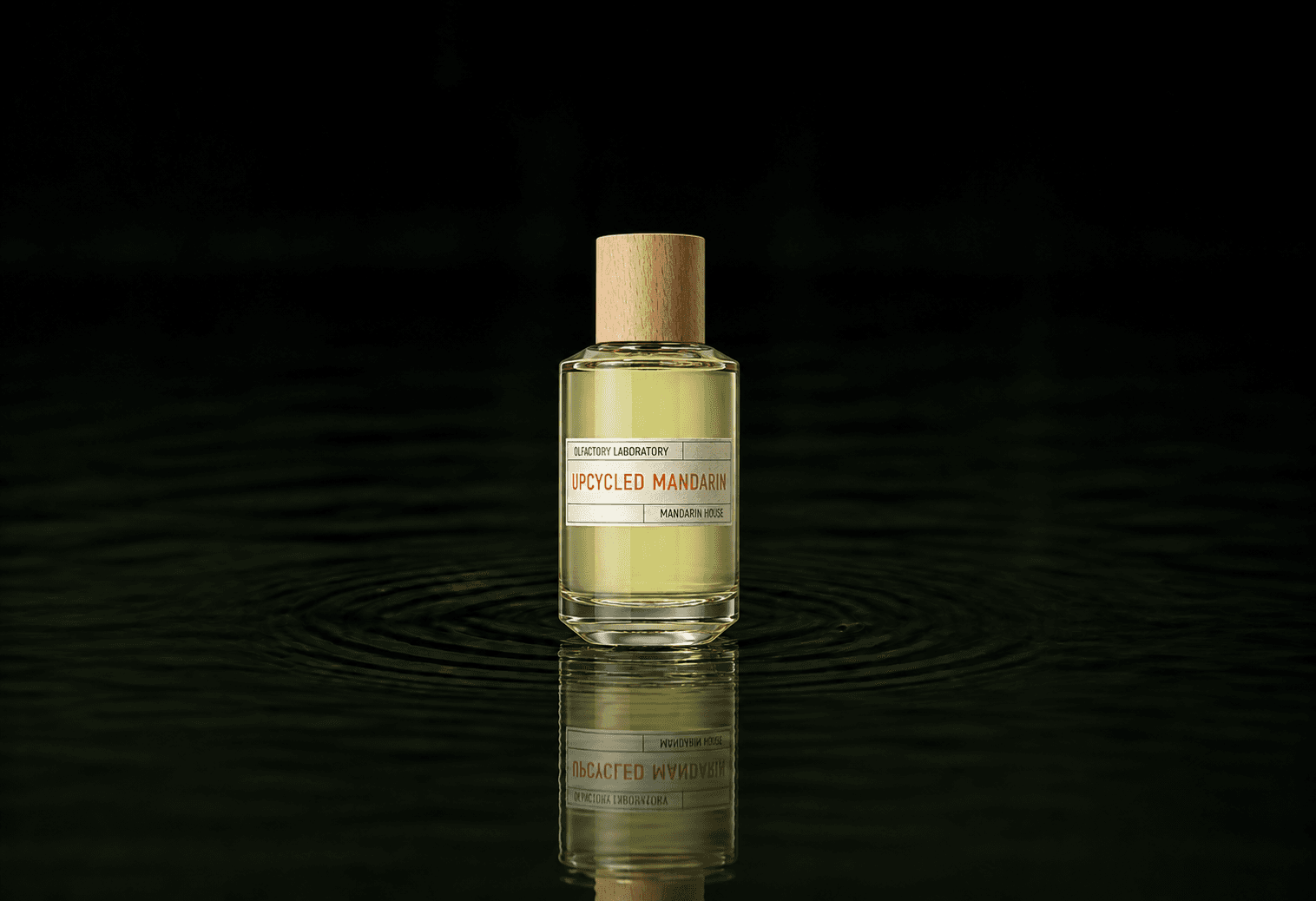 Liquides Imaginaires Upcycled Mandarin fragrance bottle floating above dark water