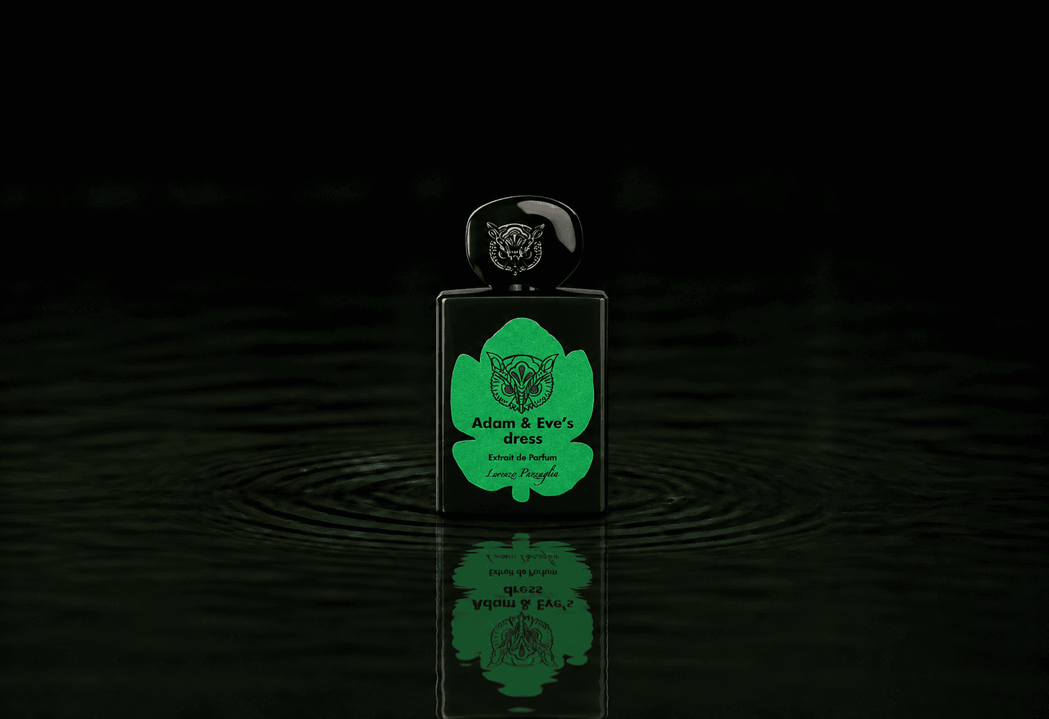 Lorenzo Pazzaglia Adam Eve's Dress fragrance bottle floating above dark water