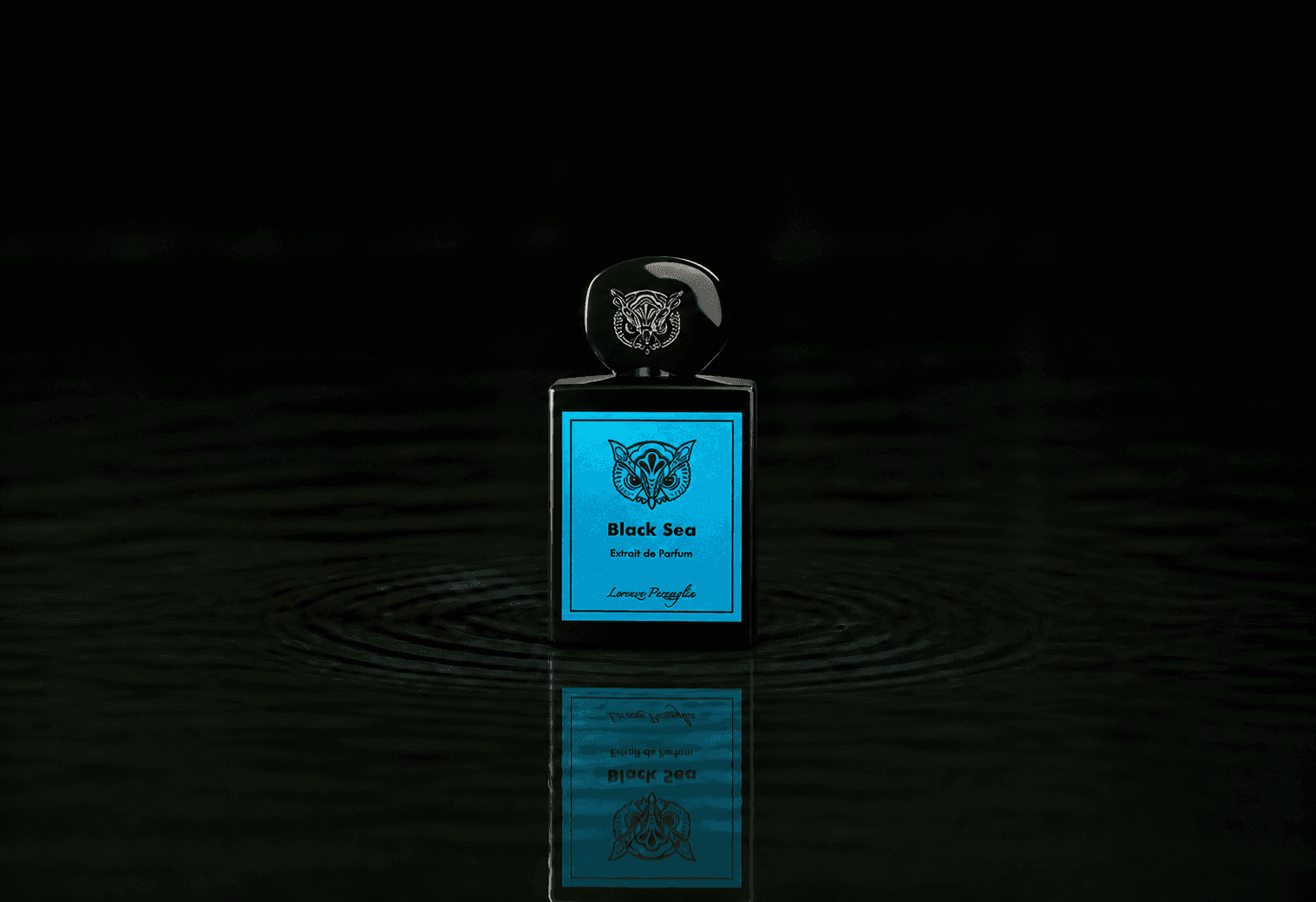 Lorenzo Pazzaglia Black Sea fragrance bottle floating above dark water