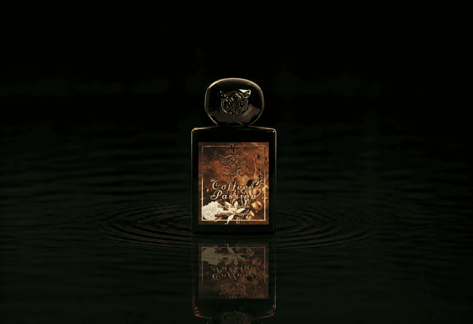 Lorenzo Pazzaglia Coffee Passion fragrance bottle floating above dark water