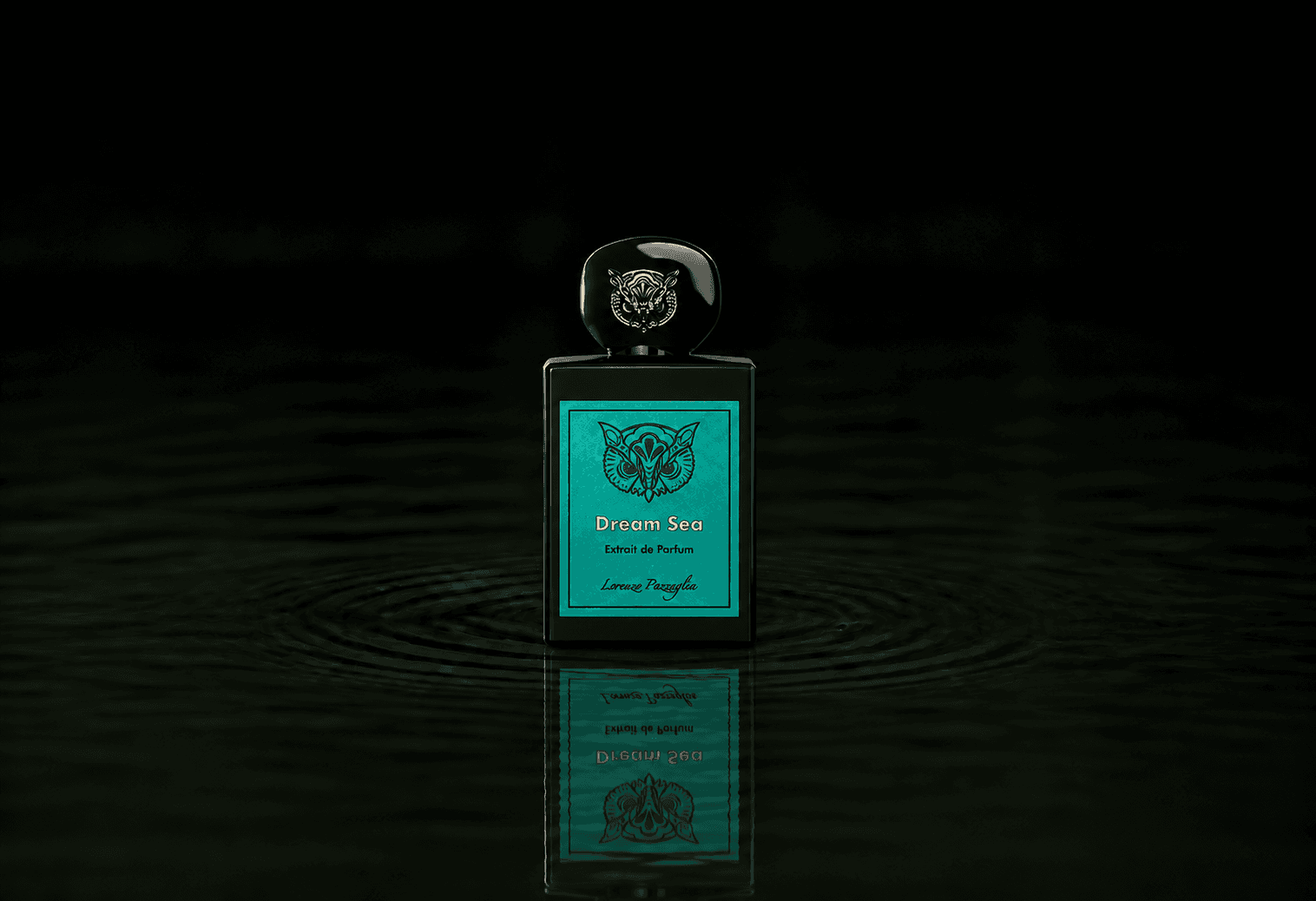 Lorenzo Pazzaglia Dream Sea fragrance bottle floating above dark water
