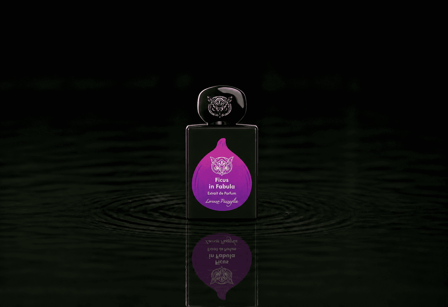 Lorenzo Pazzaglia Ficus In Fabula fragrance bottle floating above dark water