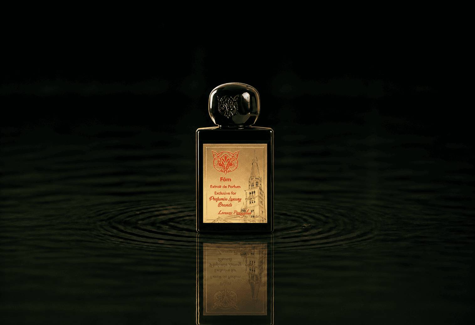 Lorenzo Pazzaglia Fom fragrance bottle floating above dark water