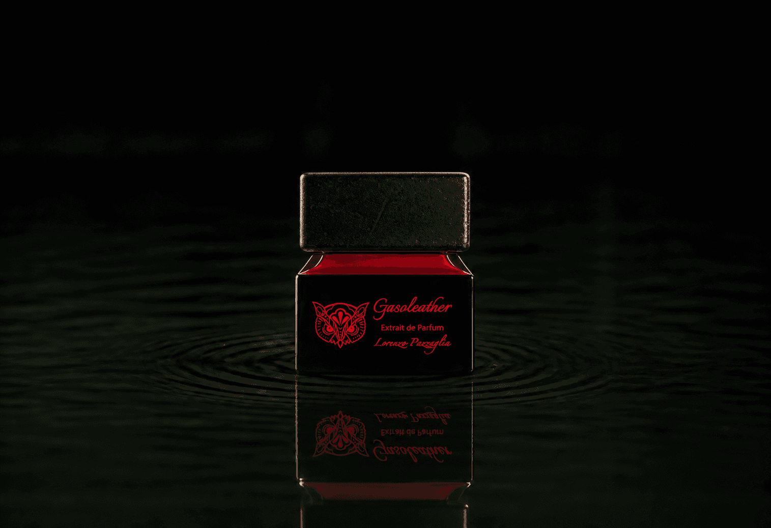 Lorenzo Pazzaglia Gasoleather fragrance bottle floating above dark water
