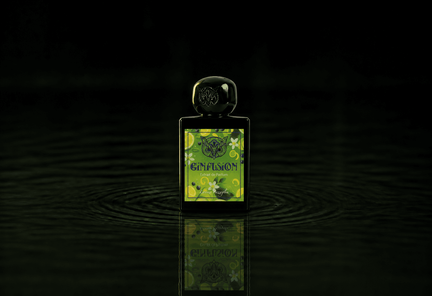Lorenzo Pazzaglia Ginfusion fragrance bottle floating above dark water