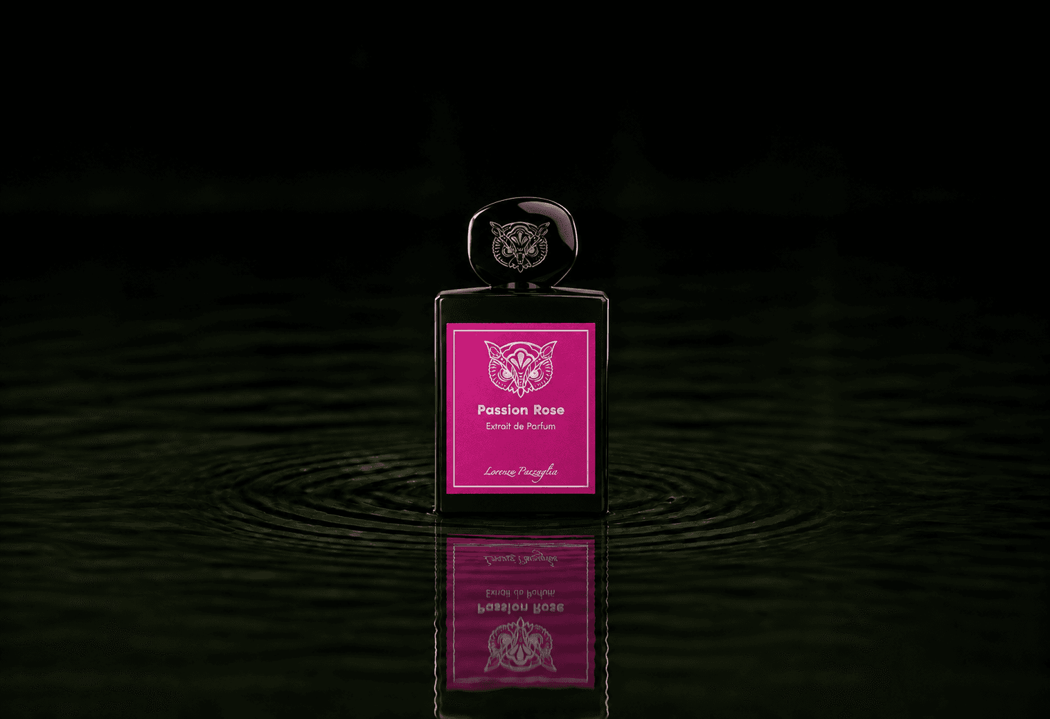 Lorenzo Pazzaglia Passion Rose fragrance bottle floating above dark water