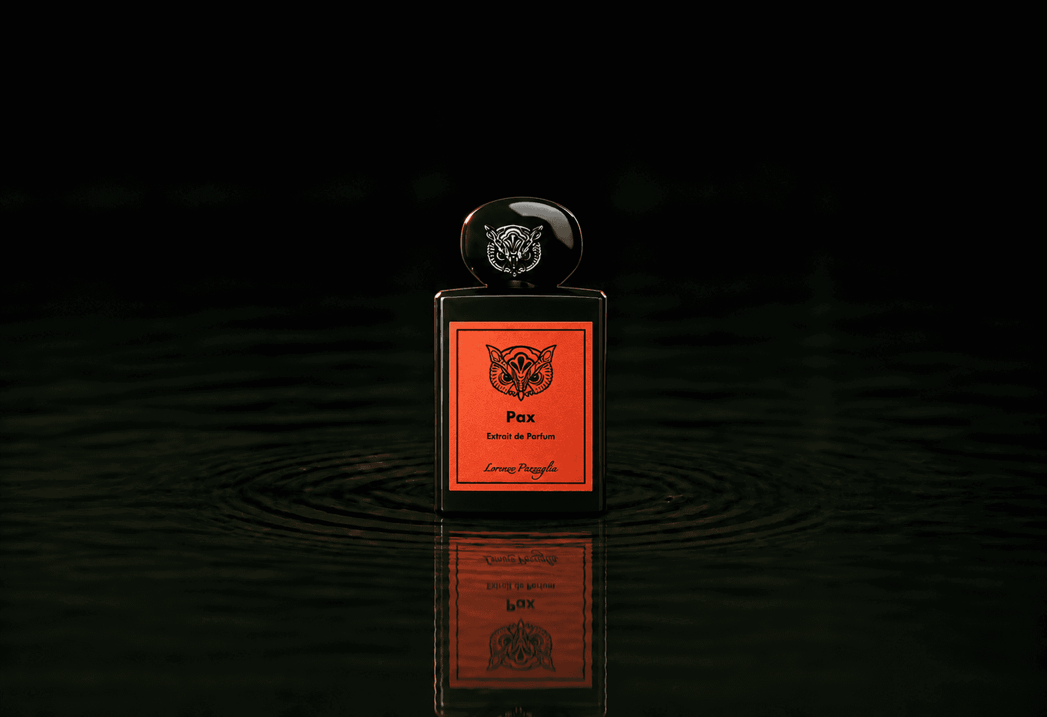 Lorenzo Pazzaglia Pax fragrance bottle floating above dark water
