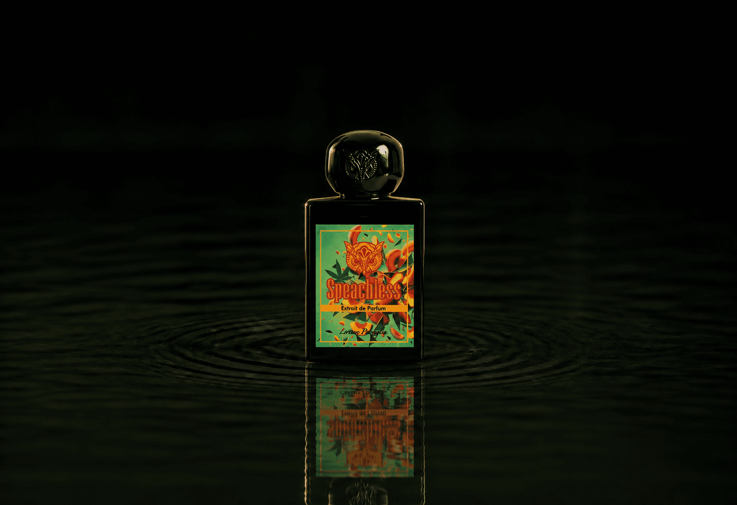 Lorenzo Pazzaglia Speachless fragrance bottle floating above dark water