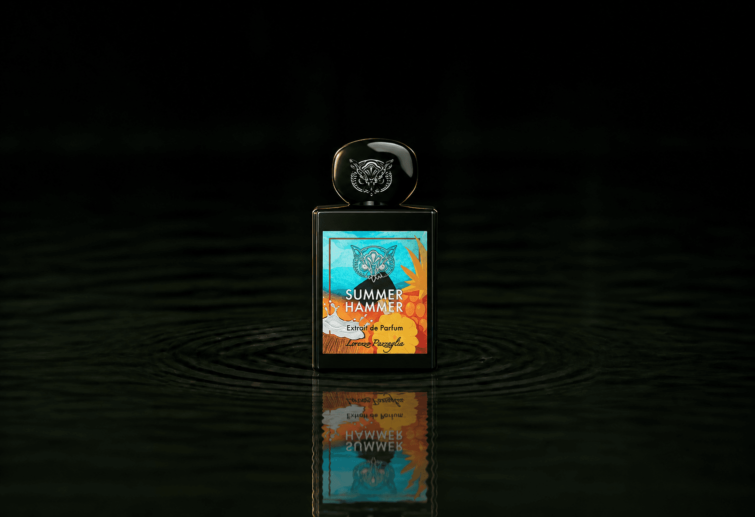 Lorenzo Pazzaglia Summer Hammer fragrance bottle floating above dark water