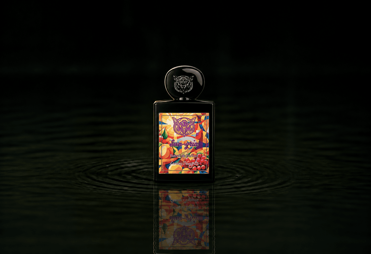 Lorenzo Pazzaglia Sun Gria fragrance bottle floating above dark water