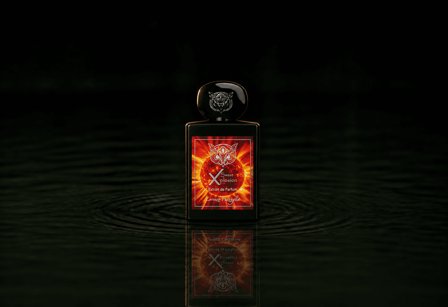 Lorenzo Pazzaglia Sweet Explosion fragrance bottle floating above dark water