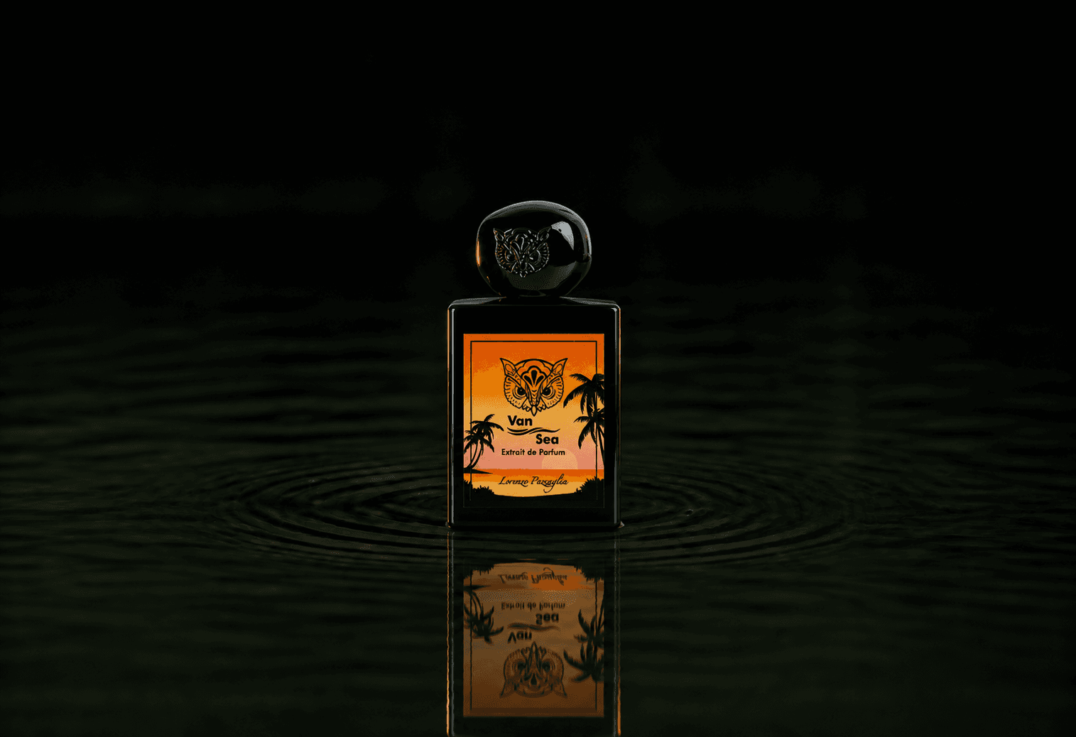 Lorenzo Pazzaglia Van Sea fragrance bottle floating above dark water