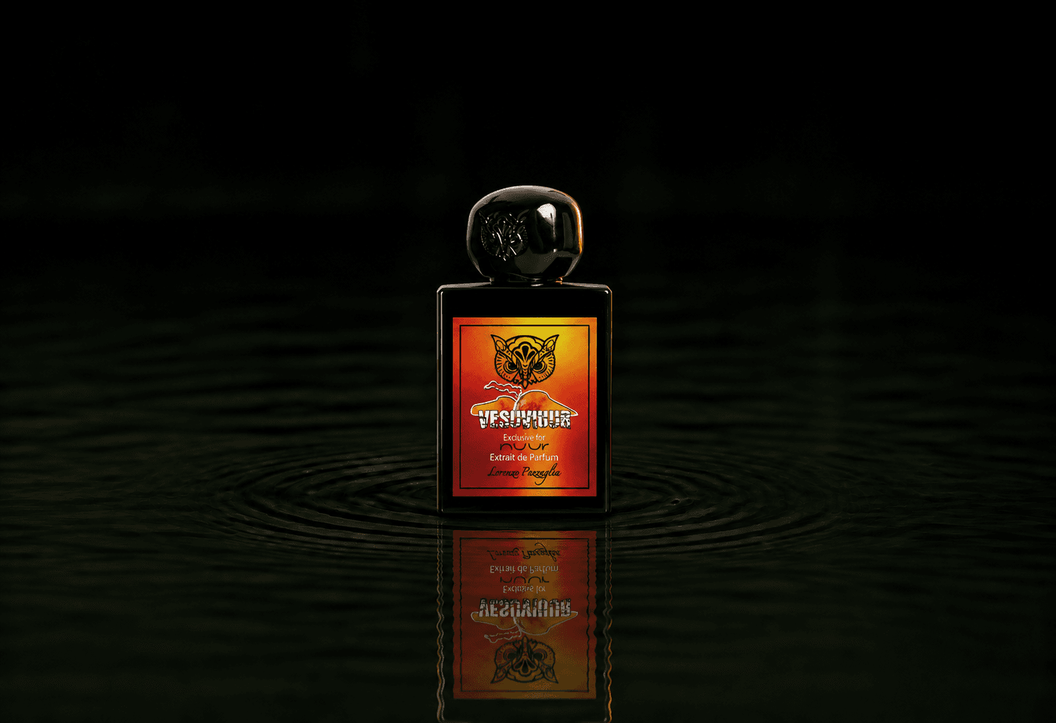 Lorenzo Pazzaglia Vesuviuur fragrance bottle floating above dark water