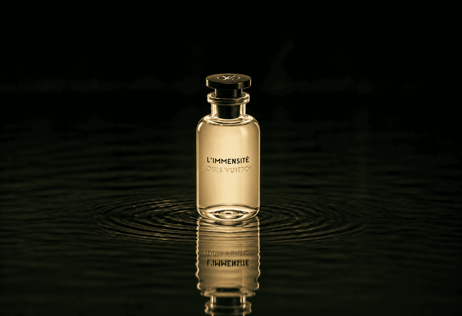 Louis Vuitton L'Immensite fragrance bottle floating above dark water