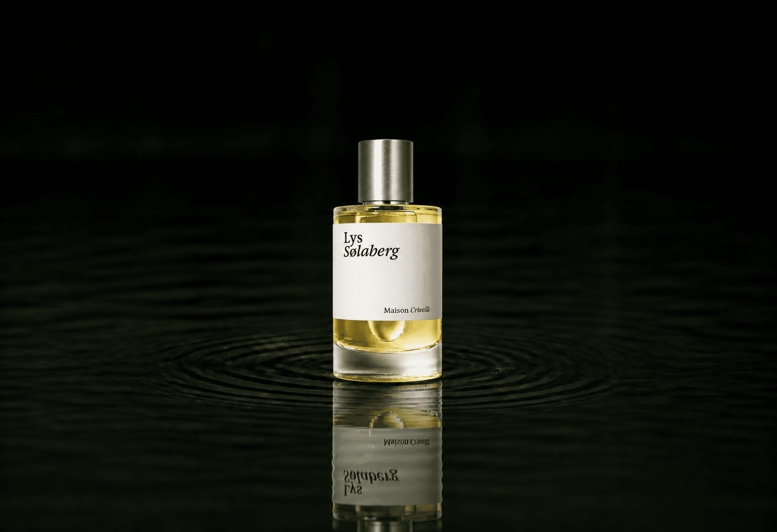 Maison Crivelli Lys Solaberg fragrance bottle floating above dark water