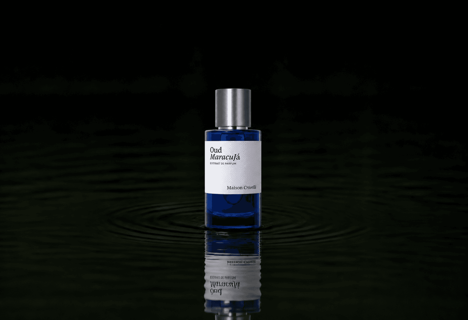 Maison Crivelli Oud Maracujá fragrance bottle floating above dark water