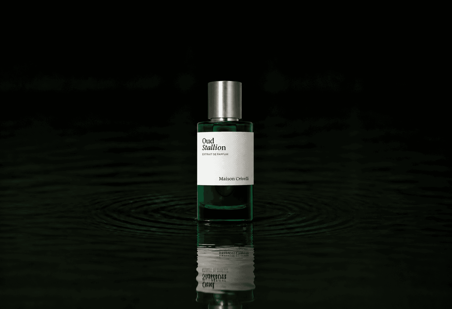 Maison Crivelli Oud Stallion fragrance bottle floating above dark water