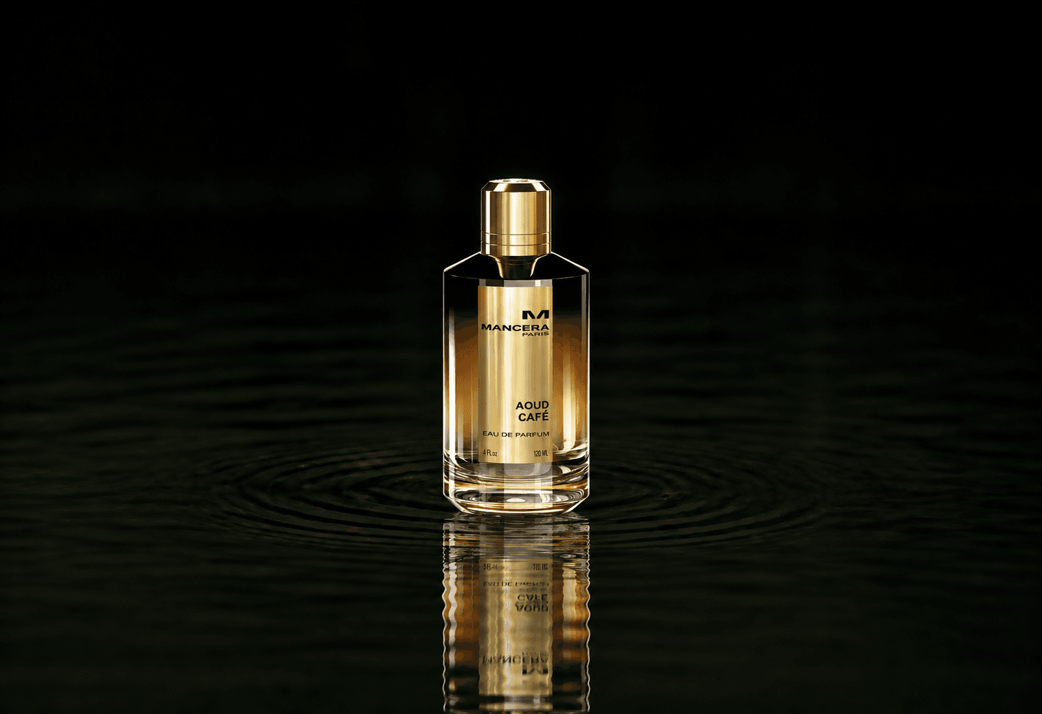 Mancera Aoud Cafe fragrance bottle floating above dark water